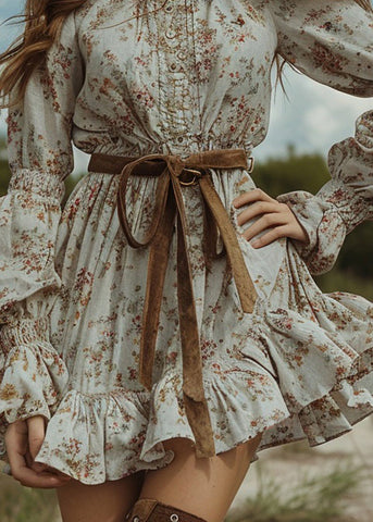 Frauen Floral Pastoral Stil Rüschen Mini Kleider Langarm 