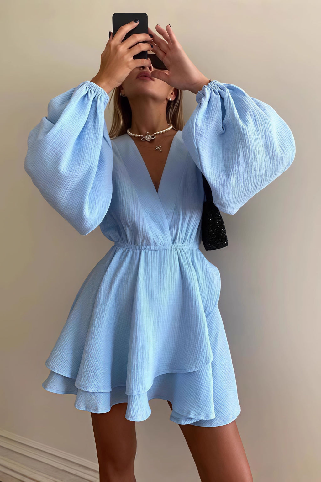 Fashion Solid Color Waist Cinching Mini Dress