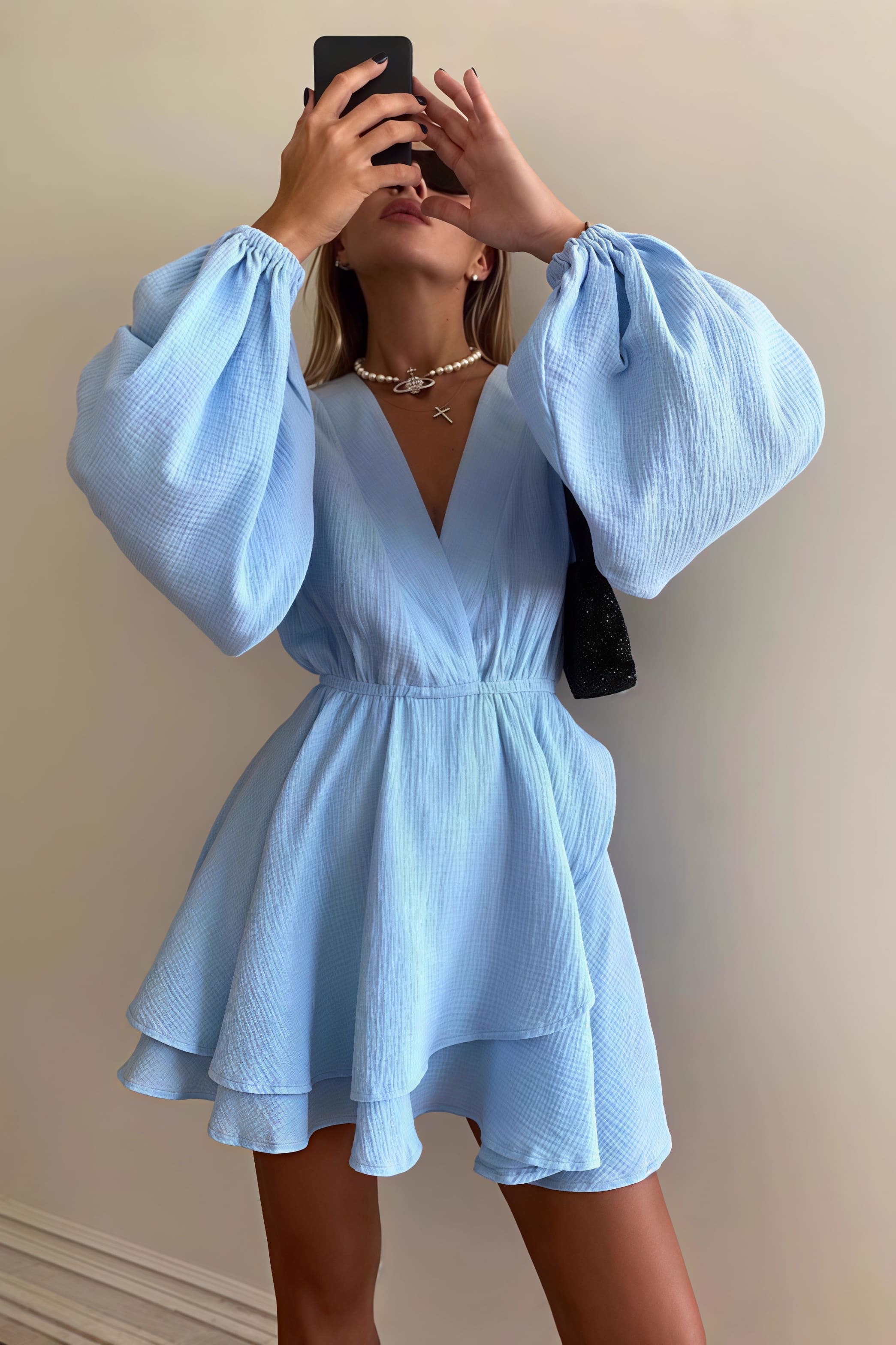 Fashion Solid Color Waist Cinching Mini Dress