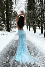 Meerjungfrauen-Abendkleid mit Spaghettiträgern, blau, lang, rückenfrei