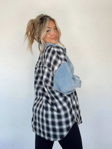 Herbst Winter Denim Nähte Plaid Mantel Lose Top Frauen 