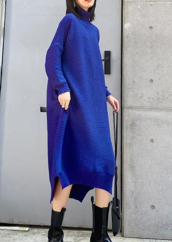 Pullover blue Sweater dress outfit Street Style high neck low high design baggy fall knitted dress