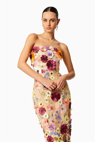 Vestido midi sin tirantes con bordado floral Belle 