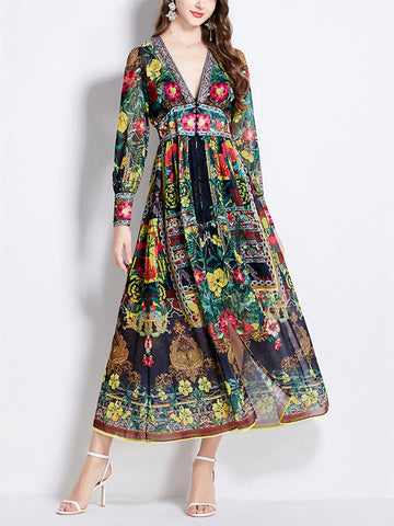 Pulloverkleid mit tiefem V-Ausschnitt und mehrfarbigem Blumendruck für Damen 