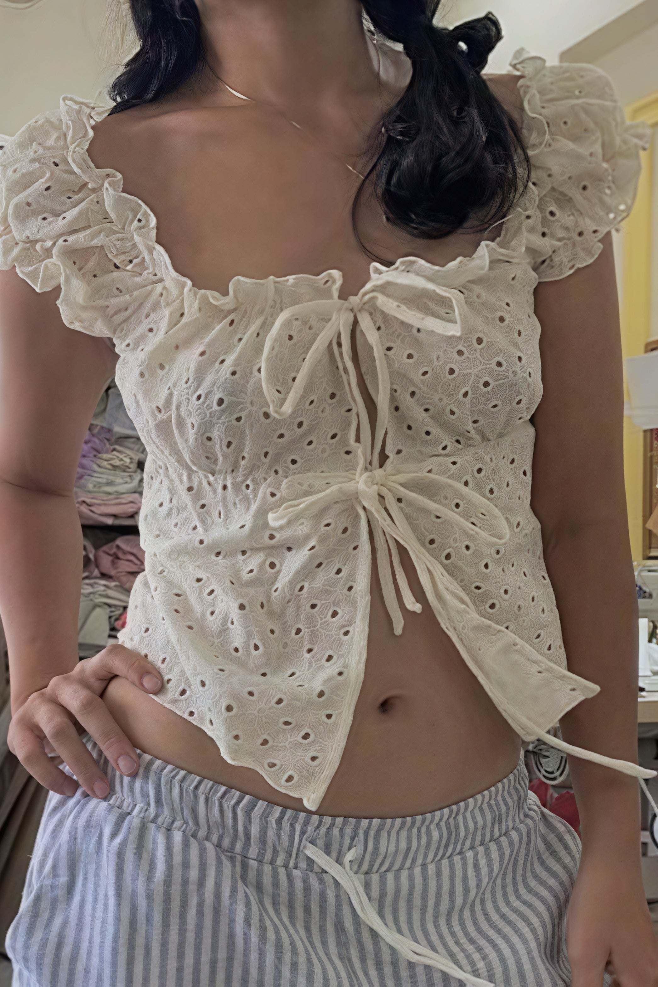 Lace Trim Tie Ruffle Tank Top
