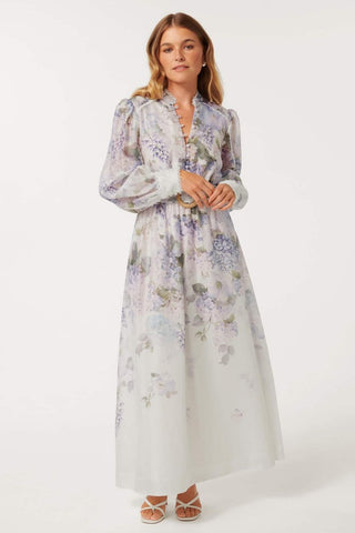 Langärmliges Maxikleid mit Spitzenblumenmuster und Knöpfen und Gürtel 