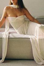 Strapless Flowy Ribbon Slim Waist Maxi Dress