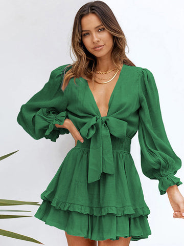 Shirt Dresses Pink V-Neck Ruffles Long Sleeves Polyester Dresses Mini Dresses