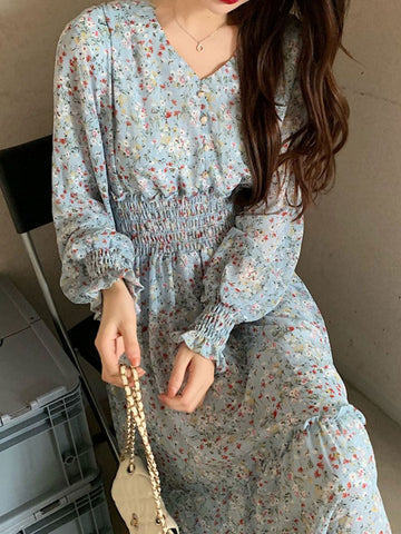 Classic Floral Ruffle Chiffon Dress-Pink