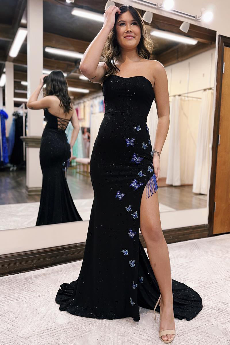 Meerjungfrauen-Abendkleid, trägerlos, glitzernd und mit Fransen