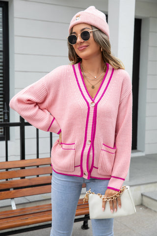 Abrigo tipo suéter con cuello en V y bolsillos a juego de colores para mujer, talla grande 