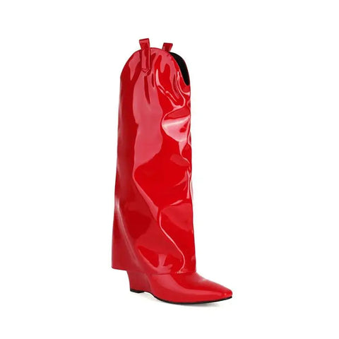 Botas altas hasta la rodilla de charol blanco para mujer, con cuña y tacón, sin cordones, negras y rojas, diseño de pantalones, talla grande 45 