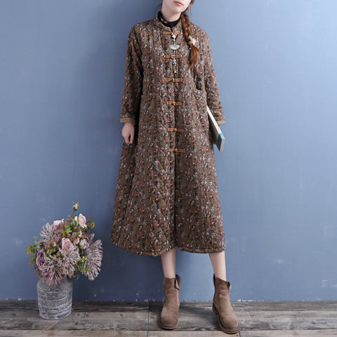 Vestido de lino y algodón acolchado con estampado floral retro de invierno 
