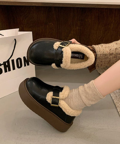 Schwarze Loafer mit Splicing-Plateau und flauschigem Wollfutter 