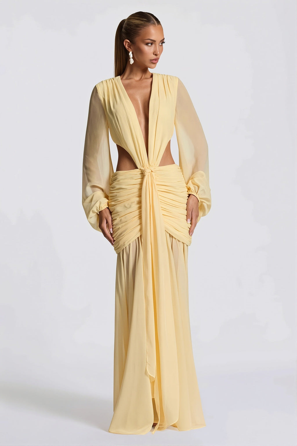 Chiffon Sheer Long Sleeve Cutout Maxi Dress