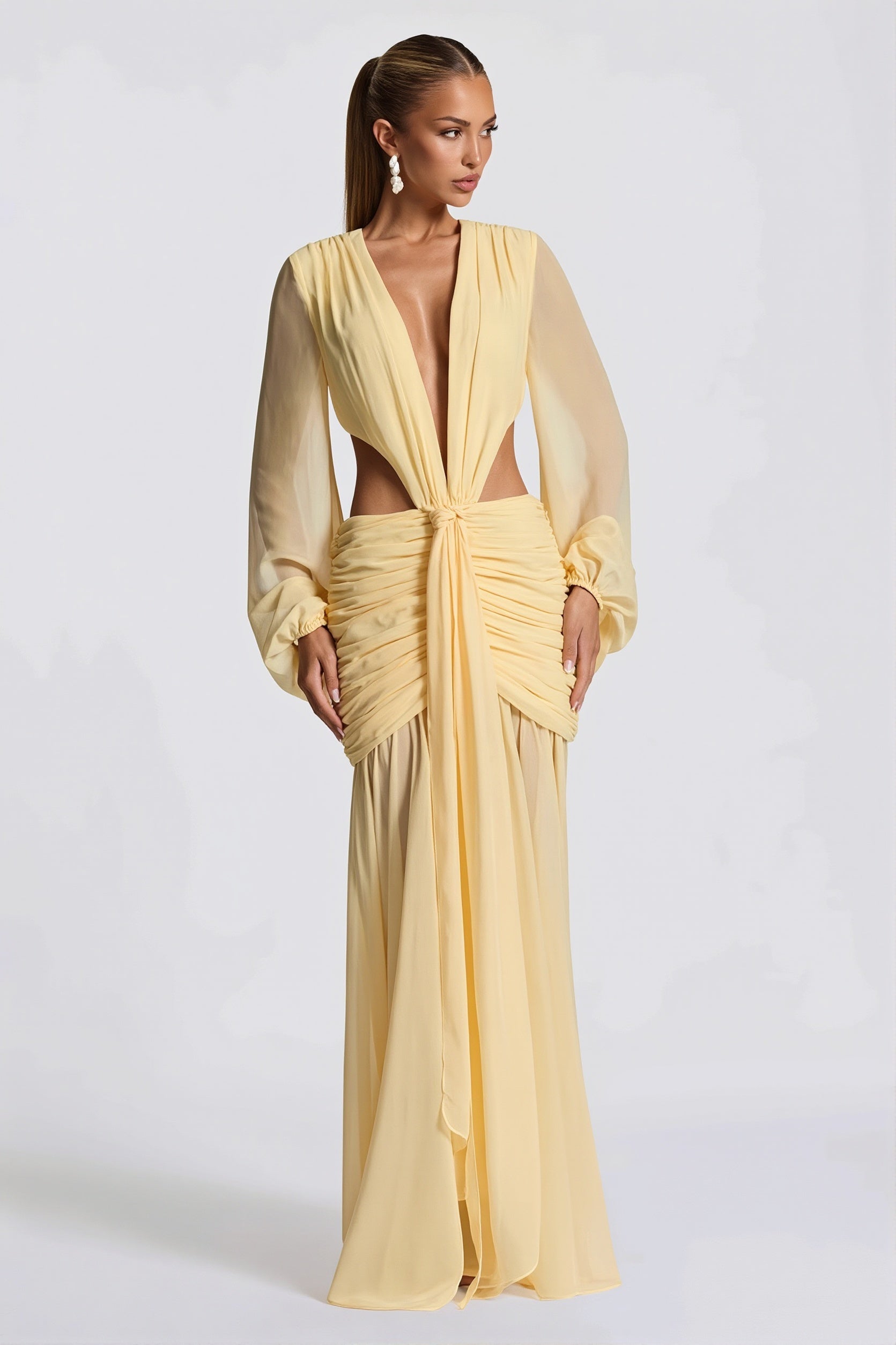 Chiffon Sheer Long Sleeve Cutout Maxi Dress