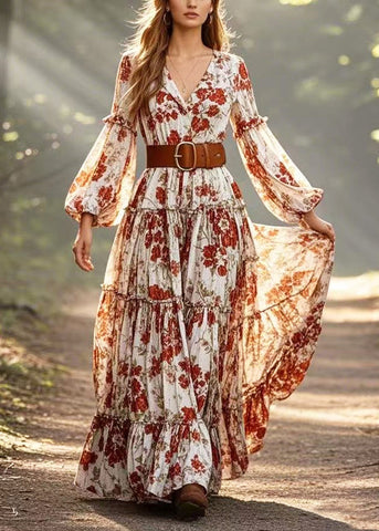 Rotes geblümtes Kleid aus Baumwolle mit extra großem Saum und Laternenärmeln 