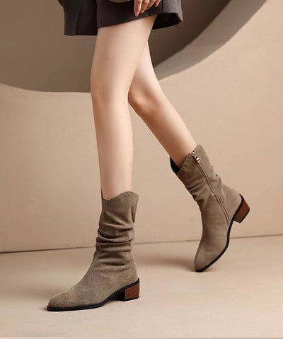 Botas gruesas con empalme de ante color caqui para mujer 