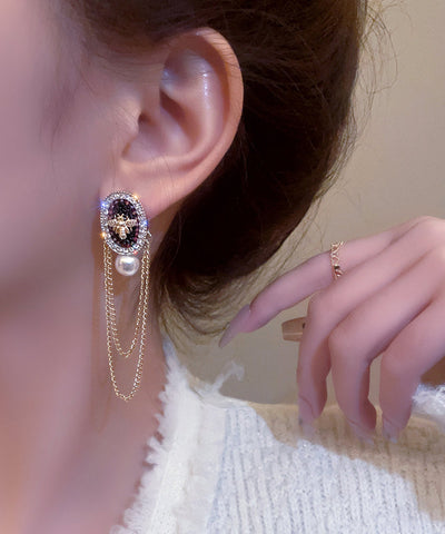 Pendientes colgantes con borlas de circonitas, cristales y perlas de aleación de oro a la moda 