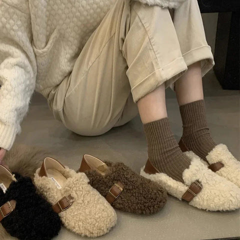 Mocasines planos de lana de cordero para mujer, elegantes, sin cordones, a la moda, para otoño 