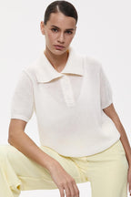 Minimalist Polo Hollow Knit Puff Sleeve Blouse