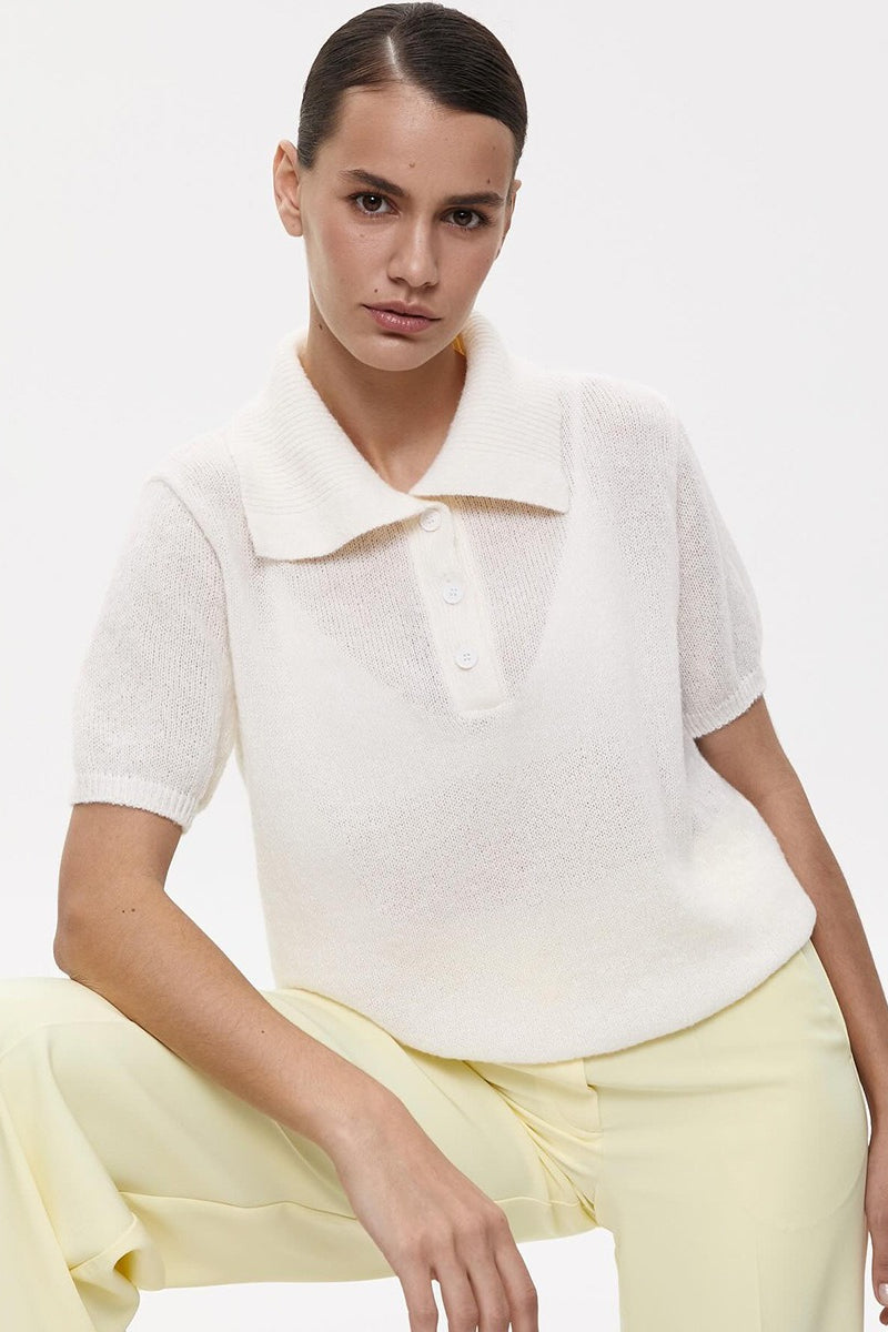 Minimalist Polo Hollow Knit Puff Sleeve Blouse