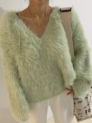 Suéter de cuello en V, suelto, de color liso y manga larga, de creación original 