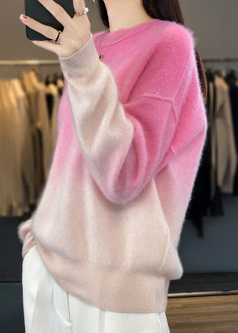Frauen Rosa Farbverlauf O-Ausschnitt Gemütliche Pullover Langarm 
