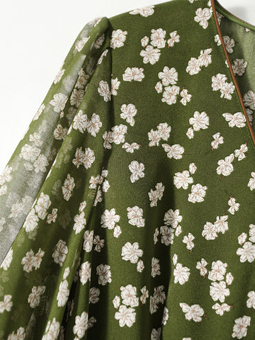 Retro Blumen Wickelkleid mit Taillenbund - Grün Lang 