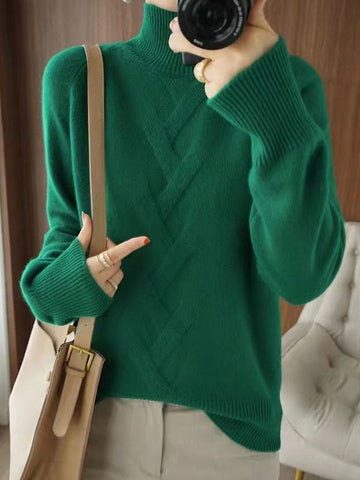 Casual Loose Long Sleeves Solid Color High-Neck Sweater Tops