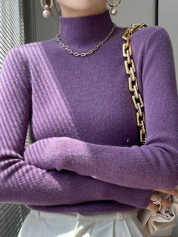 Casual Skinny Long Sleeves Solid Color Half Turtleneck Sweater Tops