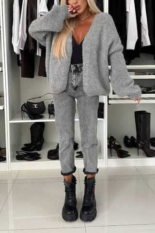 Explore Autumn Knit Open Front Long Balloon Sleeve Loose Cardigan