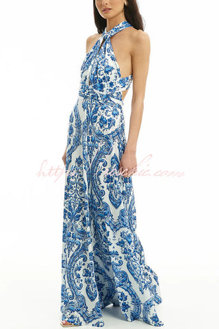 Greek Island Printed Cross Back Halter Flowy Maxi Dress