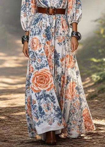 Frauen V-Ausschnitt Blumendruck Baumwolle Tunika Kleider Armband Ärmel 