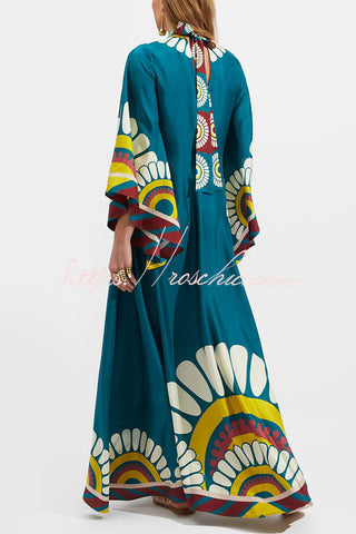 Shine The Light Unique Printed High Neck Bell Sleeve Loose Maxi Dress