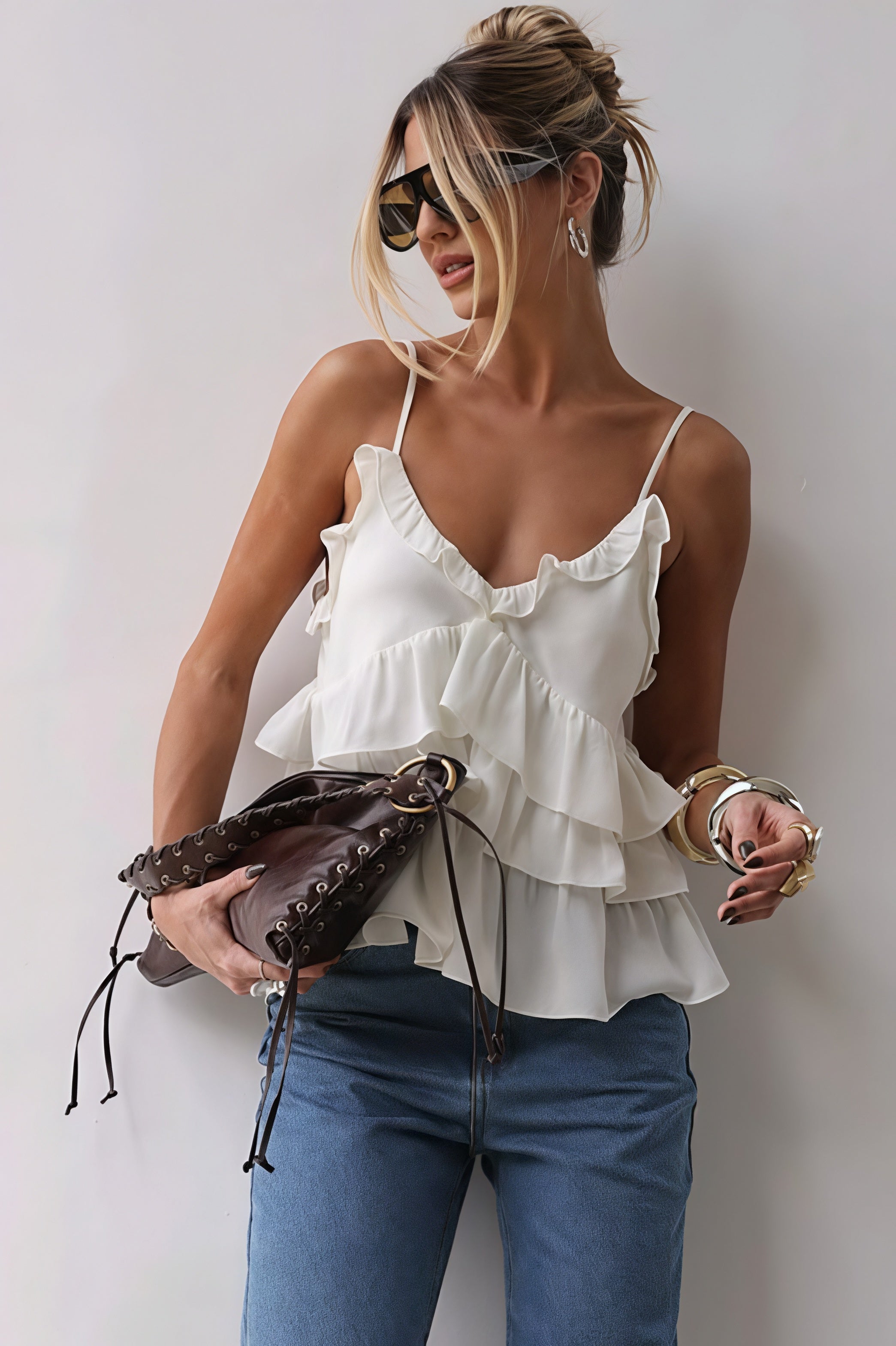 Ruffle V Neck Casual Cami Top