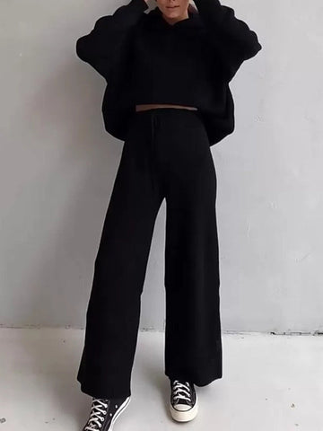 Conjunto de dos piezas de suéter holgado de color sólido con cuello redondo, capucha y mangas largas + pantalón con cordón ajustable 
