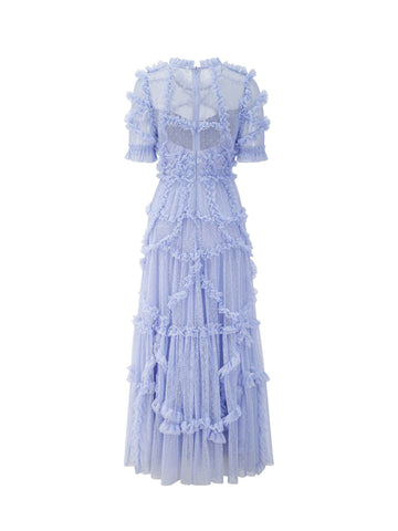 Ruffles Dress Illusion Neckline Ruffles Layered Tulle Maxi Dresses