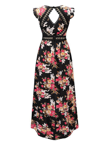 Floral Print Maxi Dress V Neck Backless High Low Split Long Summer Dress