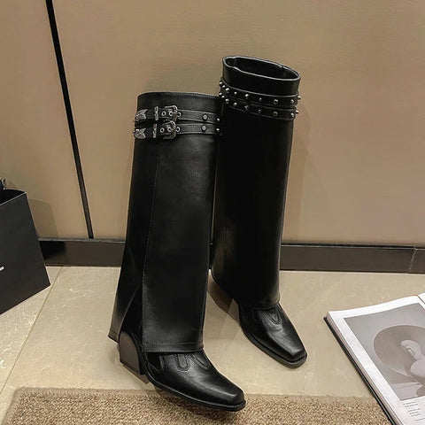 Herbst-Cowboystiefel für Damen, modisch, Schlupfstiefel, lange Rohrstiefel, quadratischer Absatz, Trend-Winterschuhe 