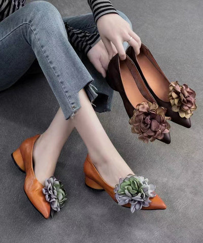 Retro Kamel Blumen Spitzschuh Rindsleder Flache Schuhe 