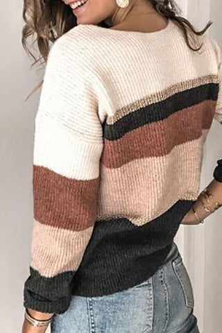Lässiger Patchwork-Pullover mit V-Ausschnitt und Farbblock (3 Farben) 