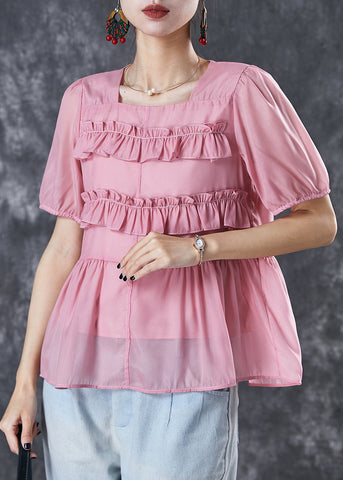 Silm Fit Pink Ruffled Cotton Blouses Summer