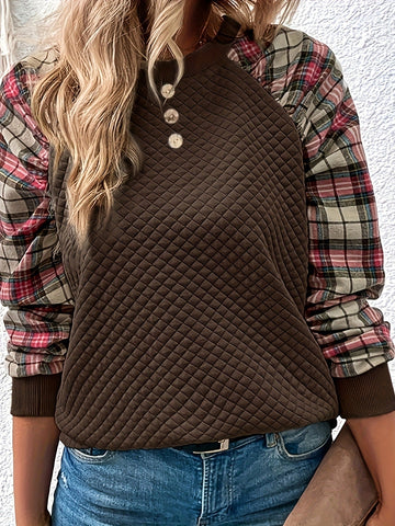 Women Diamond Plaid Stitching Long Sleeve Crew Neck Casual Sweater Women