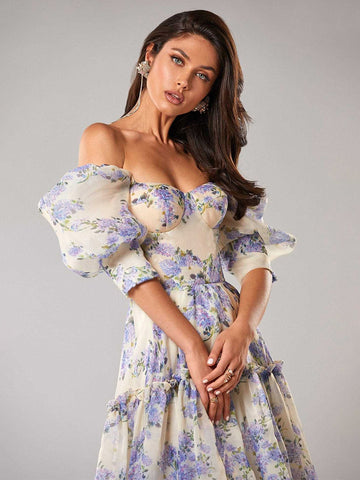 Party Dress Floral Off The Shoulder Tiered A-Line Elegant Prom Maxi Dresses