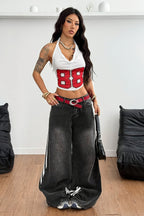 Sporty Number Print Solid Halter Top