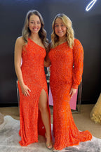 Meerjungfrauen-Abendkleid mit One-Shoulder-Schulter, orangefarbenen Pailletten und langen Ärmeln