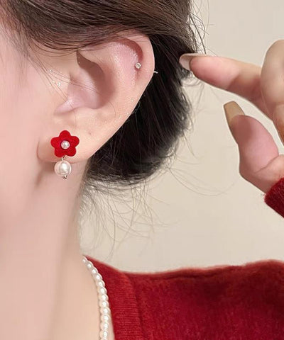 Art Red Silk Velvet Pearl Floral Stud Earrings