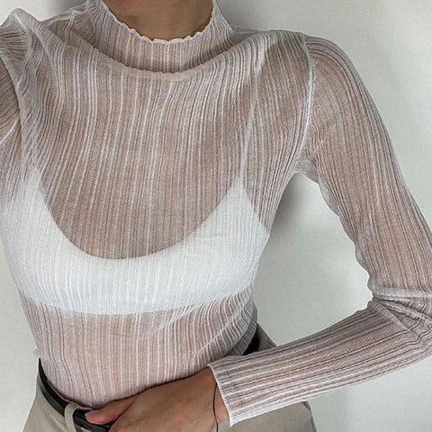 Otoño 2024, elegantes camisetas transparentes de manga larga con cuello alto para mujer, moda urbana, camisetas sexys, ropa ajustada 