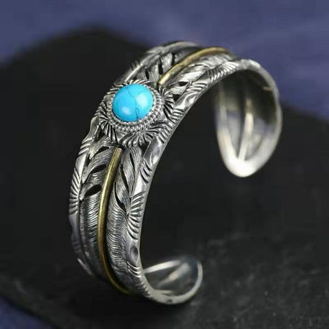 Sterling Silver Turquoise Feather Wide Cuff Bracelet